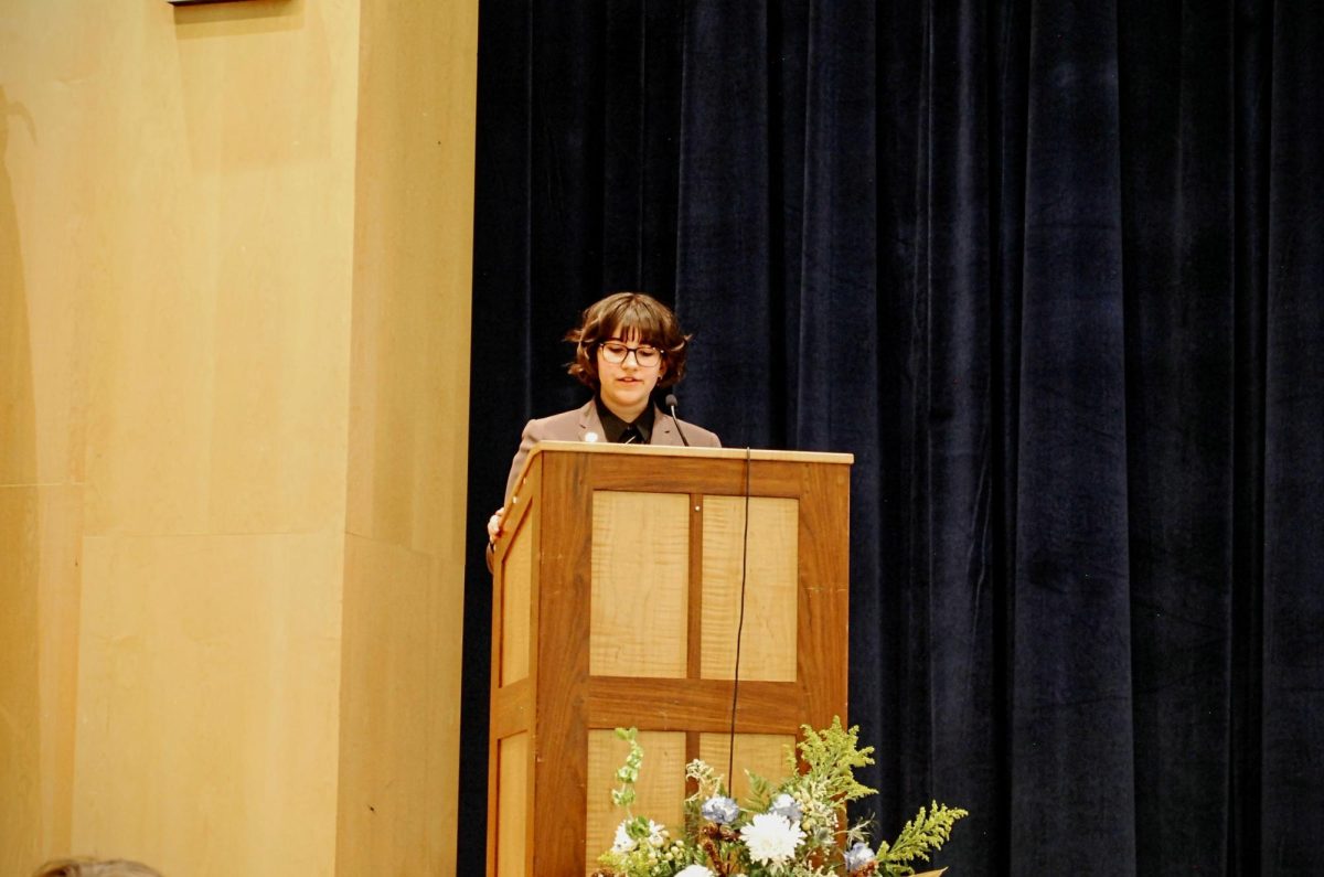 Vice President MaryKate Mormino explaining the historical importance of the International Thespian Society.